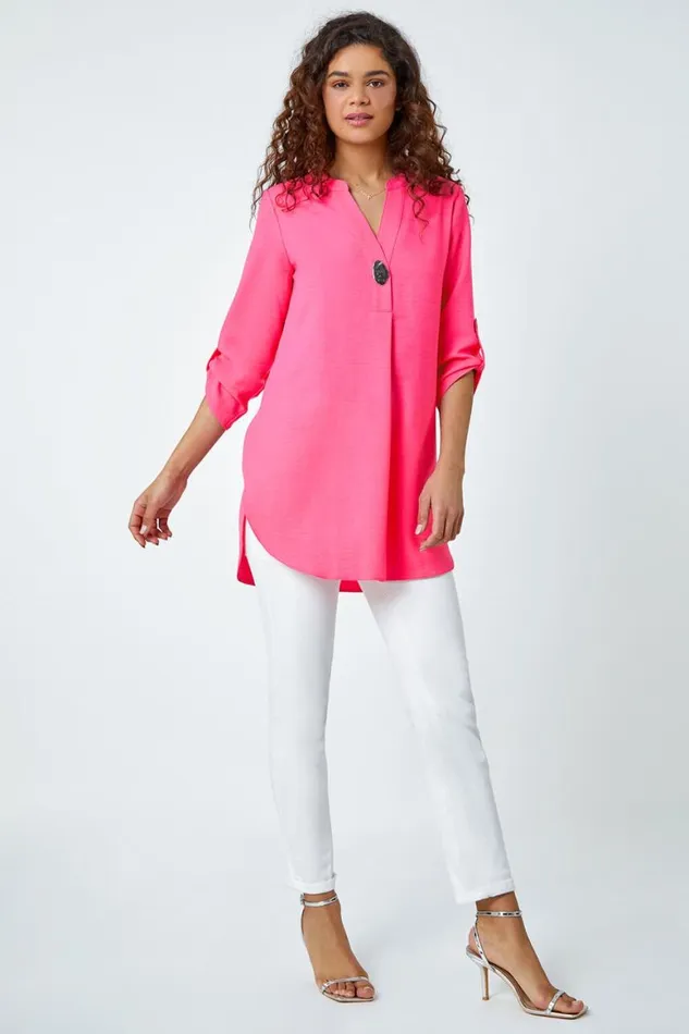Women Pink Button Detail VNeck Longline Tunic Blouse Roman Tops