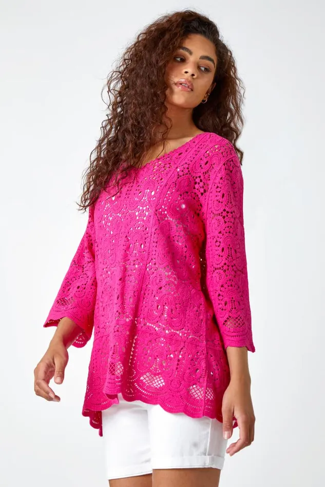 Women Pink Cotton Crochet Tunic Top Roman Tops