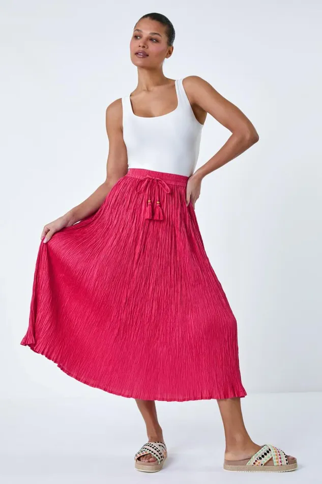 Women Pink Crinkle Cotton Textured Tassel Midi Skirt Roman Skirts
