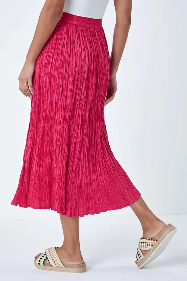 Women Pink Crinkle Cotton Textured Tassel Midi Skirt Roman Skirts