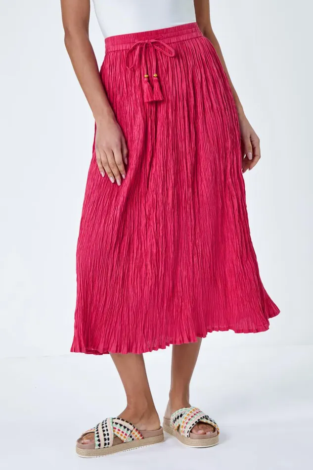Women Pink Crinkle Cotton Textured Tassel Midi Skirt Roman Skirts