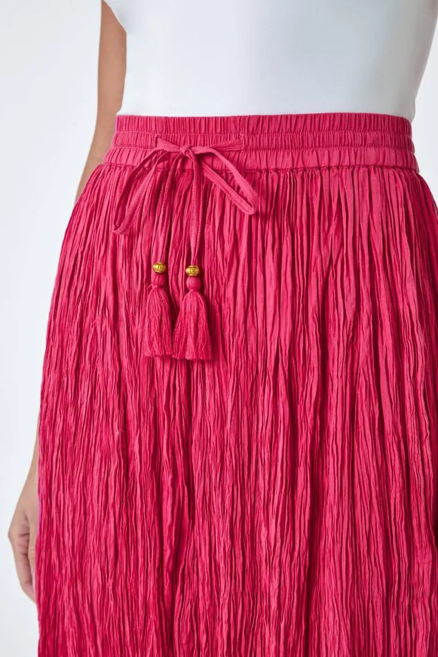 Women Pink Crinkle Cotton Textured Tassel Midi Skirt Roman Skirts