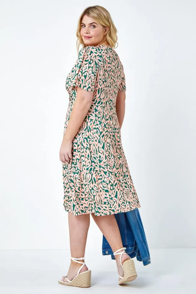 Women Pink Curve Abstract Print Stretch Wrap Dress Roman Dresses