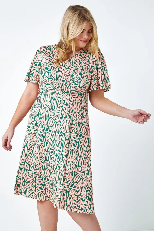 Women Pink Curve Abstract Print Stretch Wrap Dress Roman Dresses