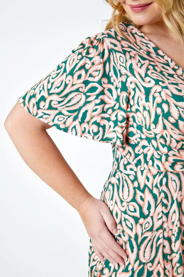 Women Pink Curve Abstract Print Stretch Wrap Dress Roman Dresses