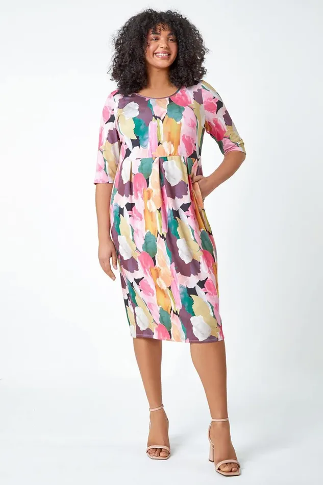 Women Pink Curve Abstract Relaxed Pocket Dress Roman Dresses