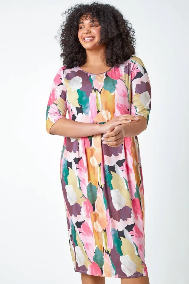 Women Pink Curve Abstract Relaxed Pocket Dress Roman Dresses