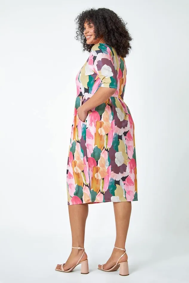 Women Pink Curve Abstract Relaxed Pocket Dress Roman Dresses