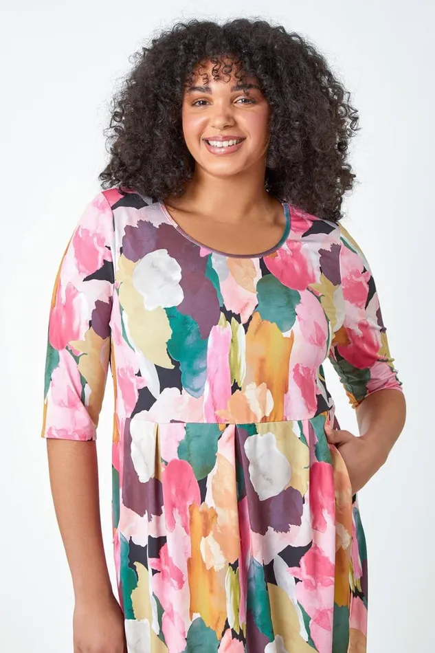 Women Pink Curve Abstract Relaxed Pocket Dress Roman Dresses