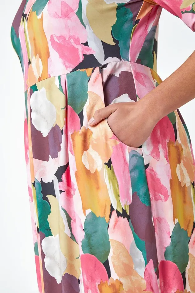 Women Pink Curve Abstract Relaxed Pocket Dress Roman Dresses