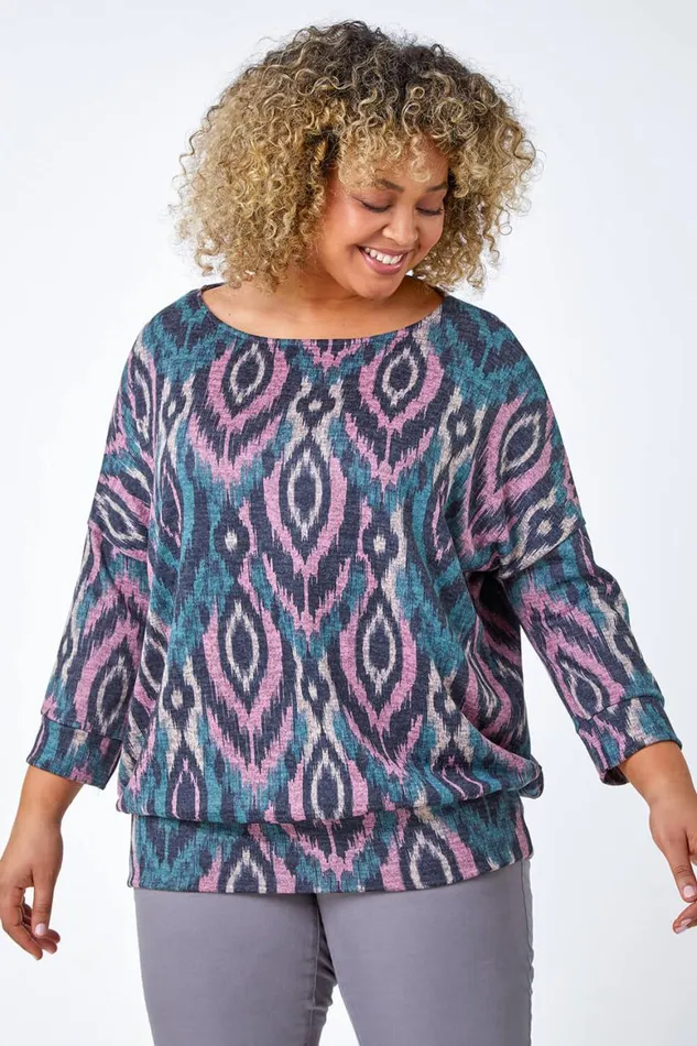 Women Pink Curve Aztec Print Blouson Stretch Top Roman Tops