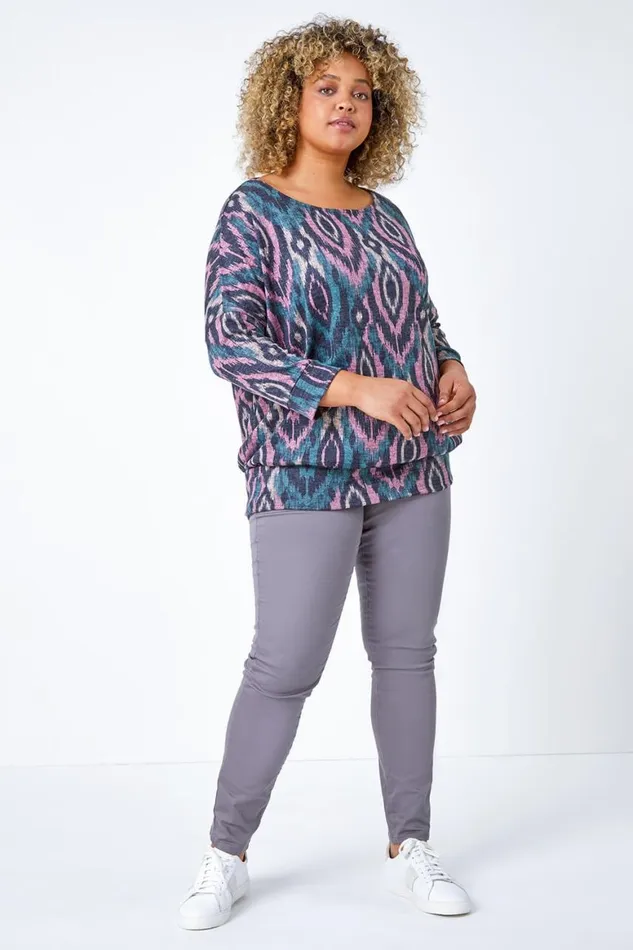 Women Pink Curve Aztec Print Blouson Stretch Top Roman Tops