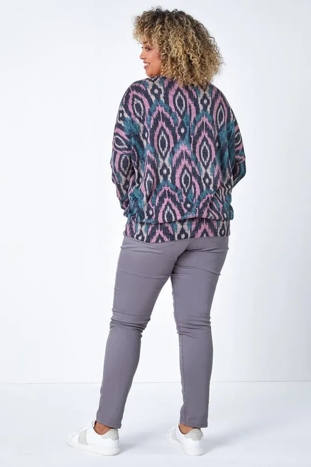 Women Pink Curve Aztec Print Blouson Stretch Top Roman Tops