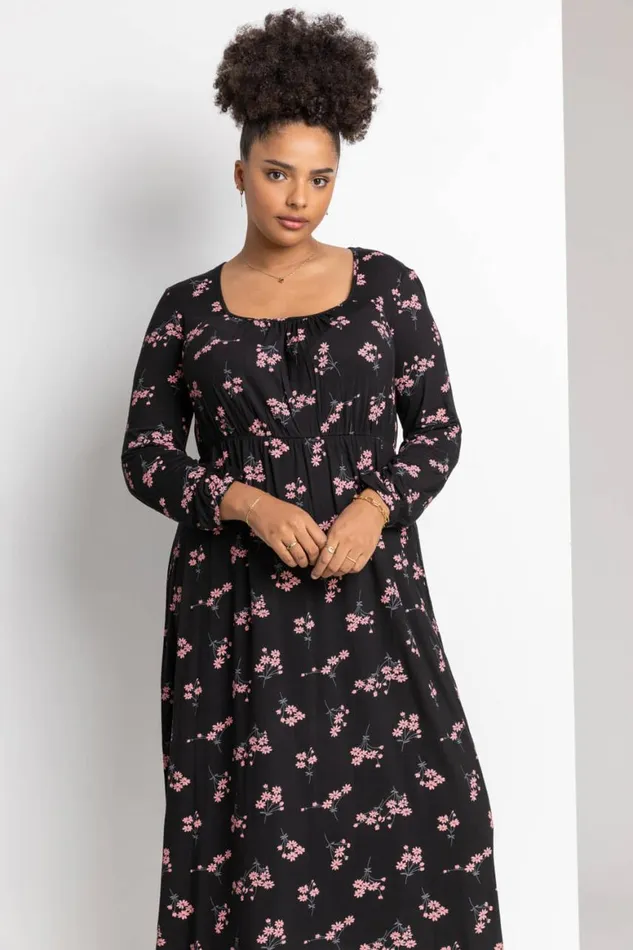 Women Pink Curve Floral Print Square Neck Midi Dress Roman Dresses