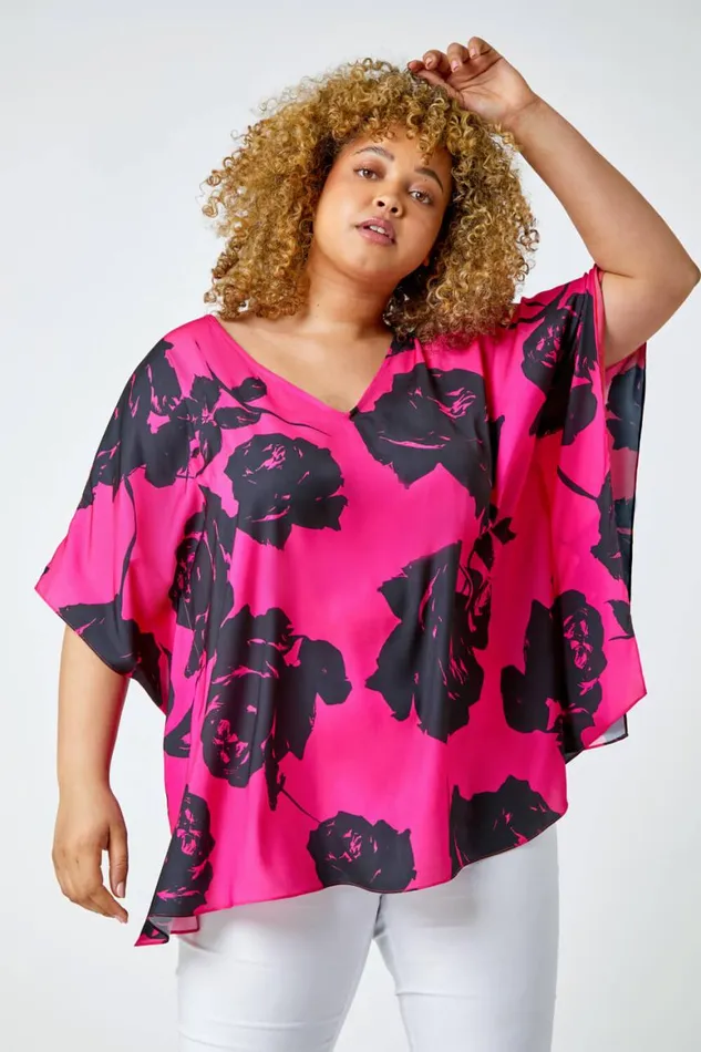Women Pink Curve Floral Print VNeck Chiffon Top Roman Tops