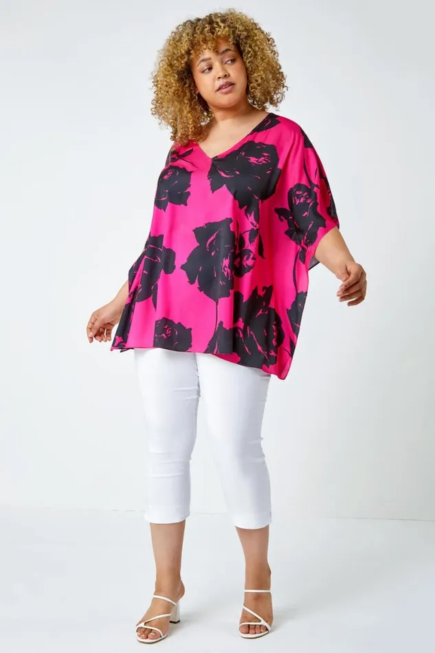 Women Pink Curve Floral Print VNeck Chiffon Top Roman Tops