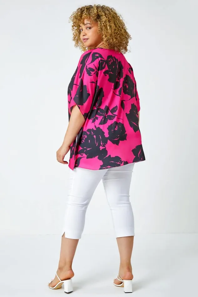 Women Pink Curve Floral Print VNeck Chiffon Top Roman Tops
