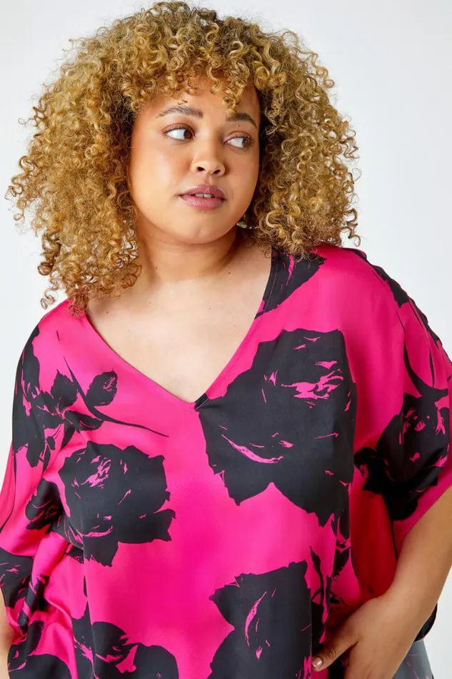 Women Pink Curve Floral Print VNeck Chiffon Top Roman Tops
