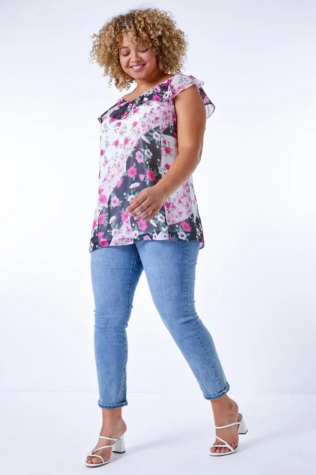 Women Pink Curve Patchwork Floral Chiffon Bardot Top Roman Tops