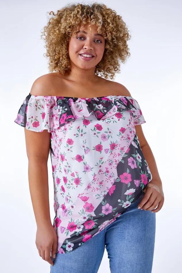 Women Pink Curve Patchwork Floral Chiffon Bardot Top Roman Tops