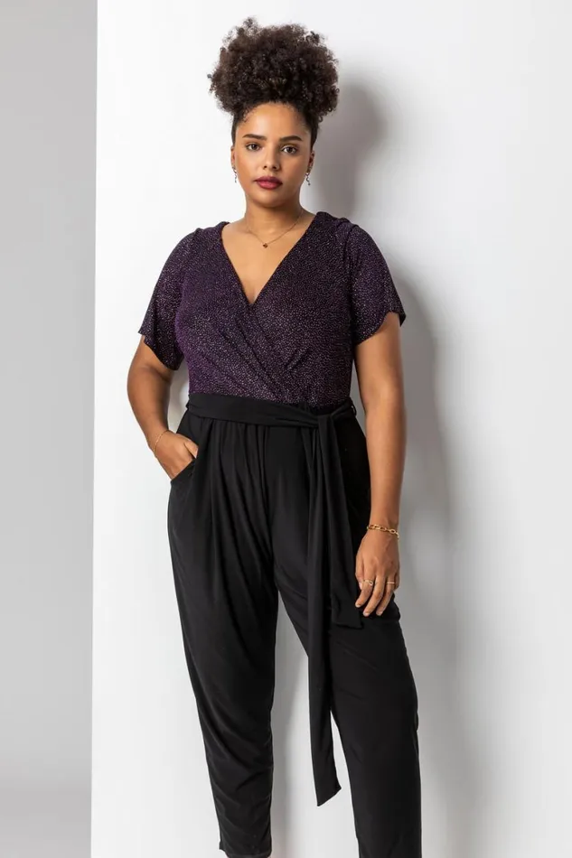 Women Pink Curve Sparkle Wrap Jumpsuit Roman Dresses