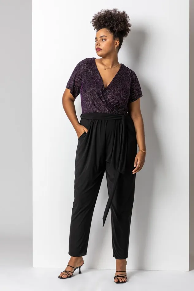 Women Pink Curve Sparkle Wrap Jumpsuit Roman Dresses