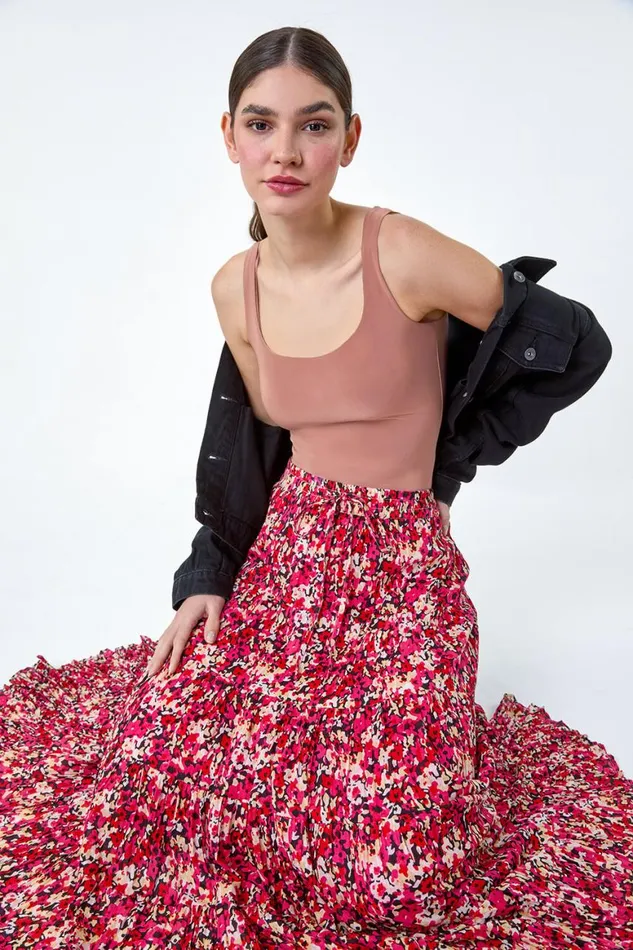 Women Pink Floral Crinkle Cotton A Line Tiered Maxi Skirt Roman Skirts