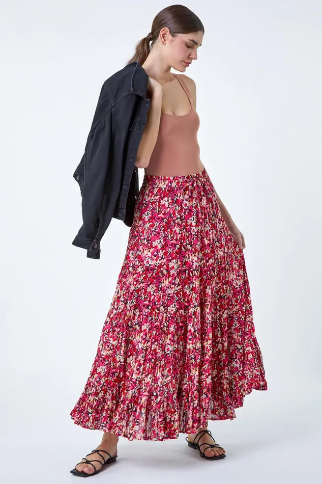 Women Pink Floral Crinkle Cotton A Line Tiered Maxi Skirt Roman Skirts