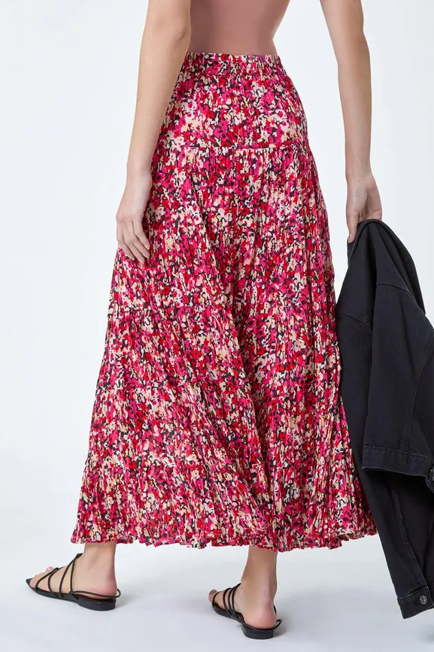 Women Pink Floral Crinkle Cotton A Line Tiered Maxi Skirt Roman Skirts