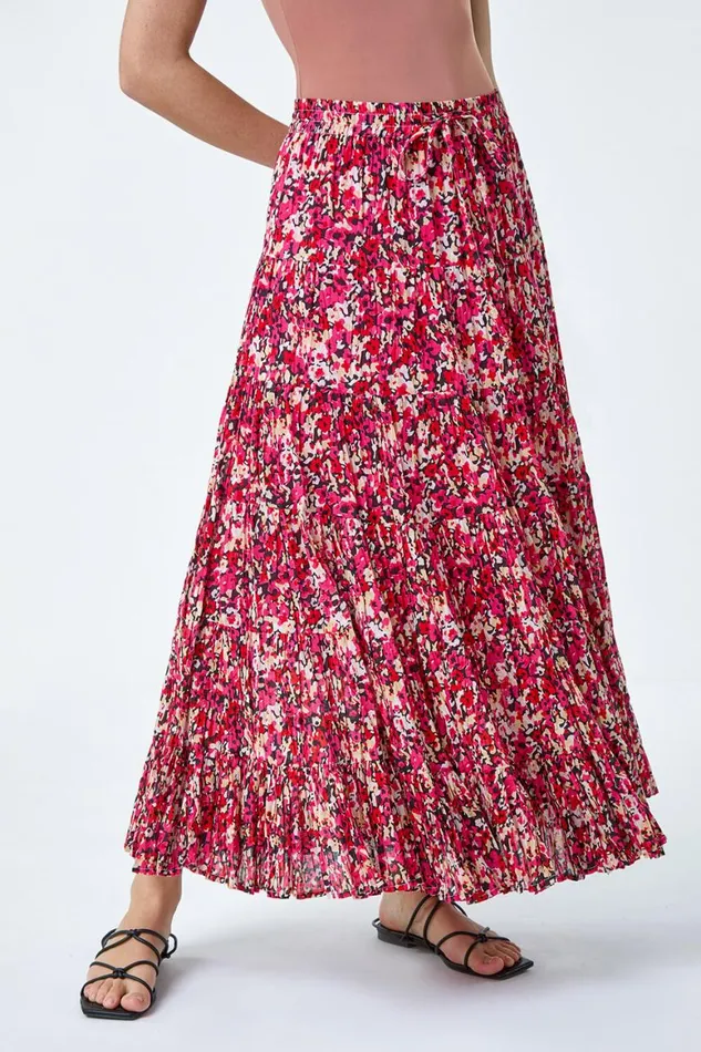 Women Pink Floral Crinkle Cotton A Line Tiered Maxi Skirt Roman Skirts