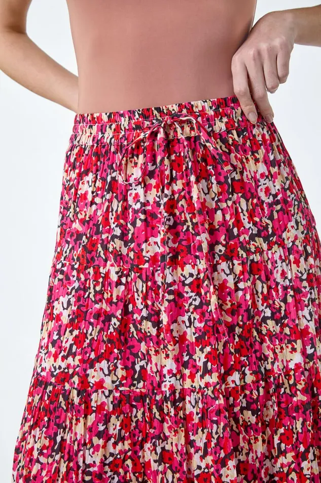 Women Pink Floral Crinkle Cotton A Line Tiered Maxi Skirt Roman Skirts