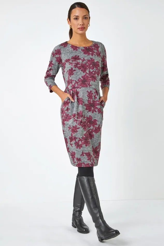 Women Pink Floral Print Pocket Stretch Dress Roman Dresses