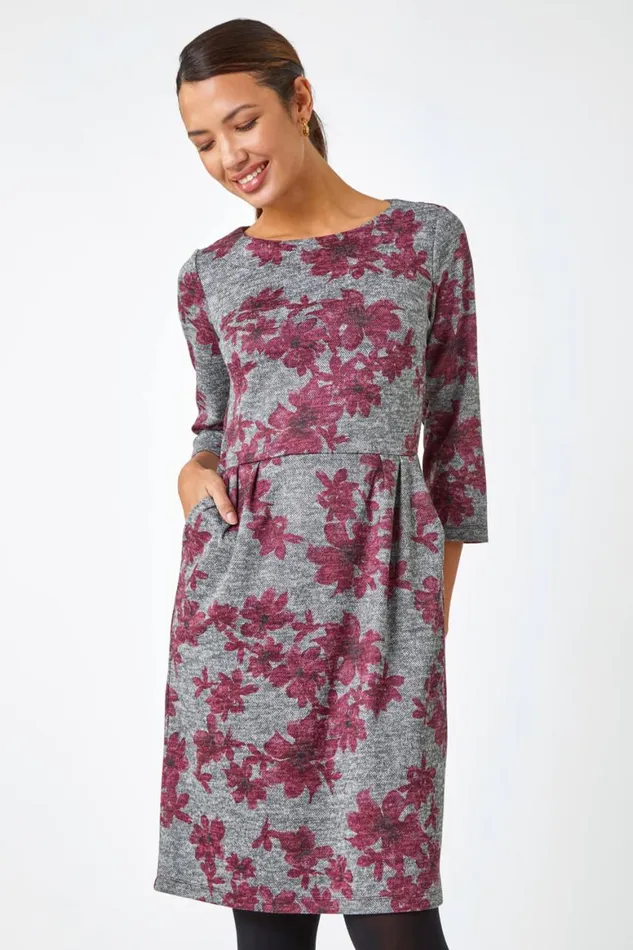 Women Pink Floral Print Pocket Stretch Dress Roman Dresses