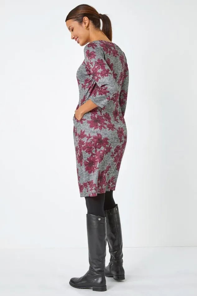 Women Pink Floral Print Pocket Stretch Dress Roman Dresses