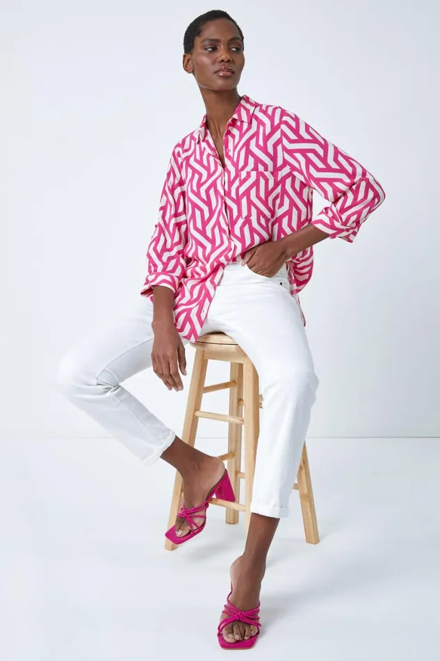 Women Pink Geometric Print Longline Shirt Roman Tops