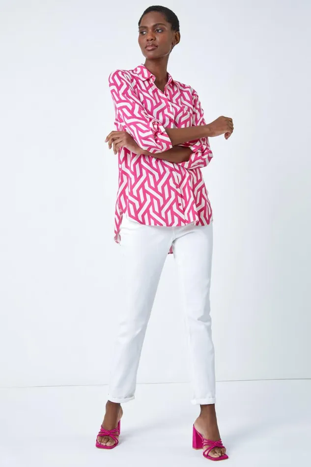 Women Pink Geometric Print Longline Shirt Roman Tops