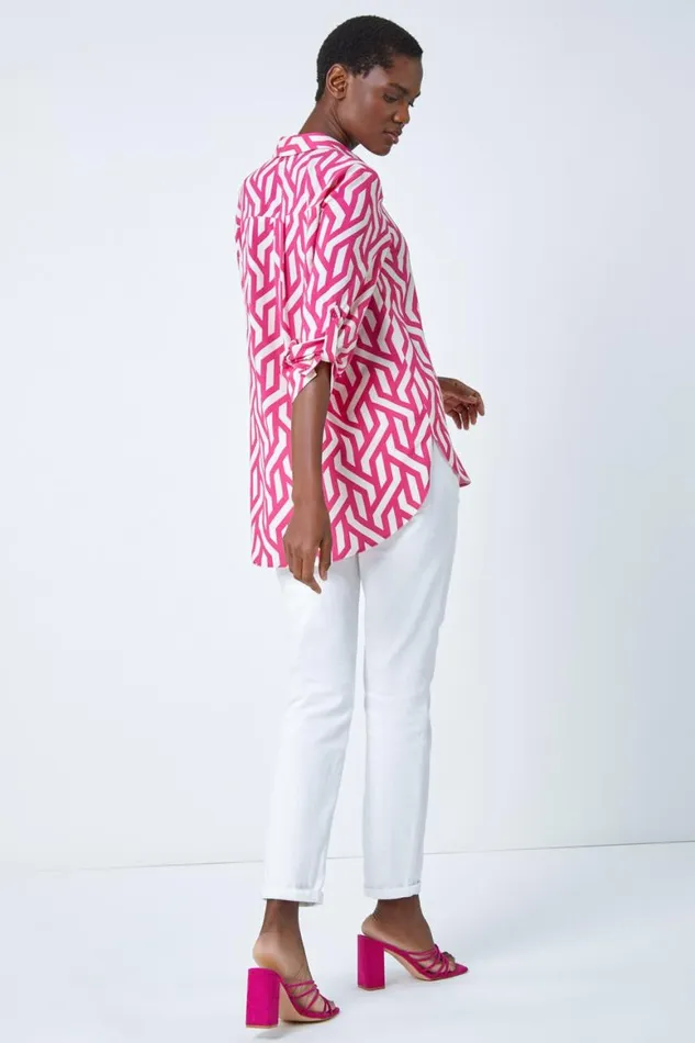 Women Pink Geometric Print Longline Shirt Roman Tops