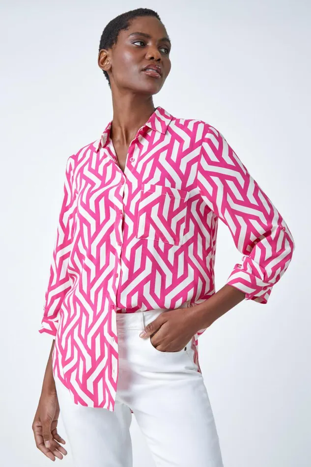 Women Pink Geometric Print Longline Shirt Roman Tops
