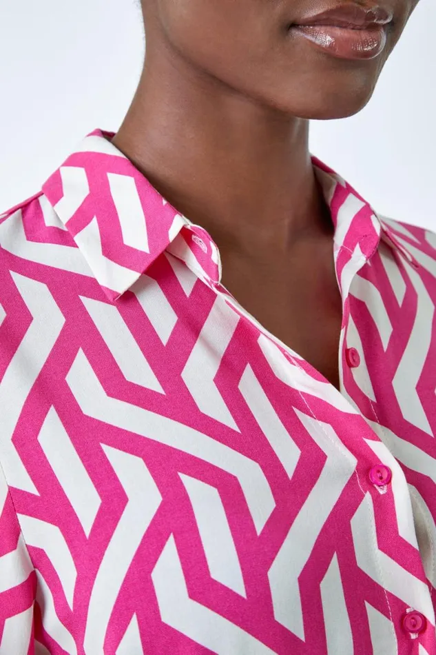 Women Pink Geometric Print Longline Shirt Roman Tops