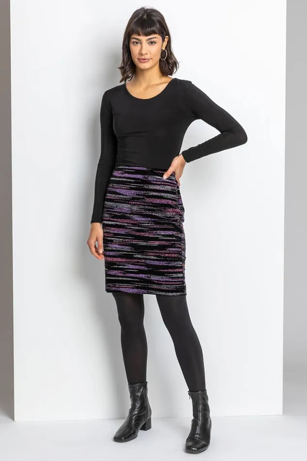 Women Pink Glitter Stripe Velvet Pencil Skirt Roman Occasionwear