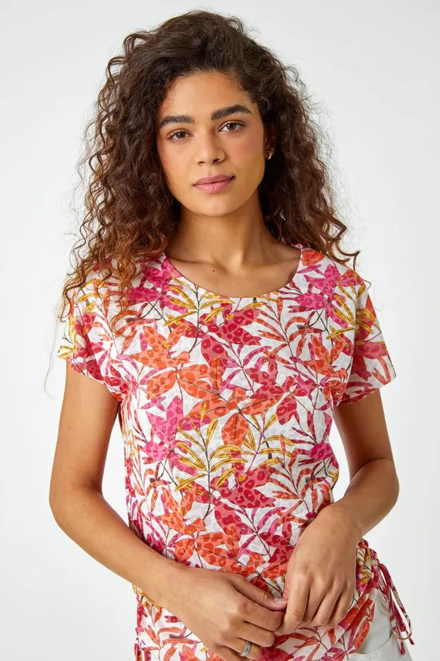 Women Pink Leaf Print Side Tie Stretch Top Roman Tops
