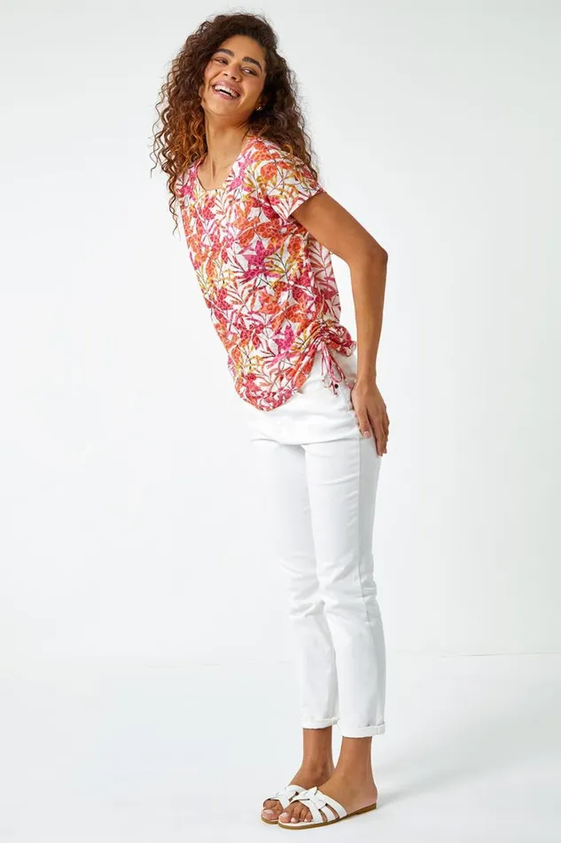 Women Pink Leaf Print Side Tie Stretch Top Roman Tops