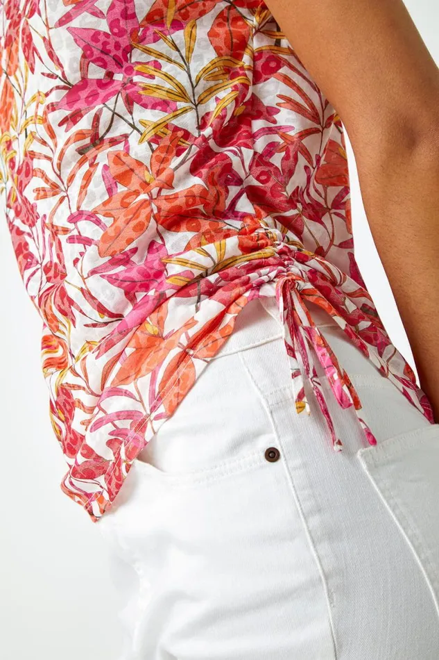 Women Pink Leaf Print Side Tie Stretch Top Roman Tops