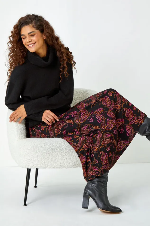 Women Pink Paisley Print Midi Stretch Skirt Roman Skirts