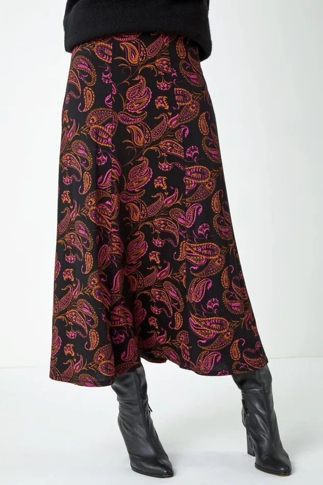 Women Pink Paisley Print Midi Stretch Skirt Roman Skirts