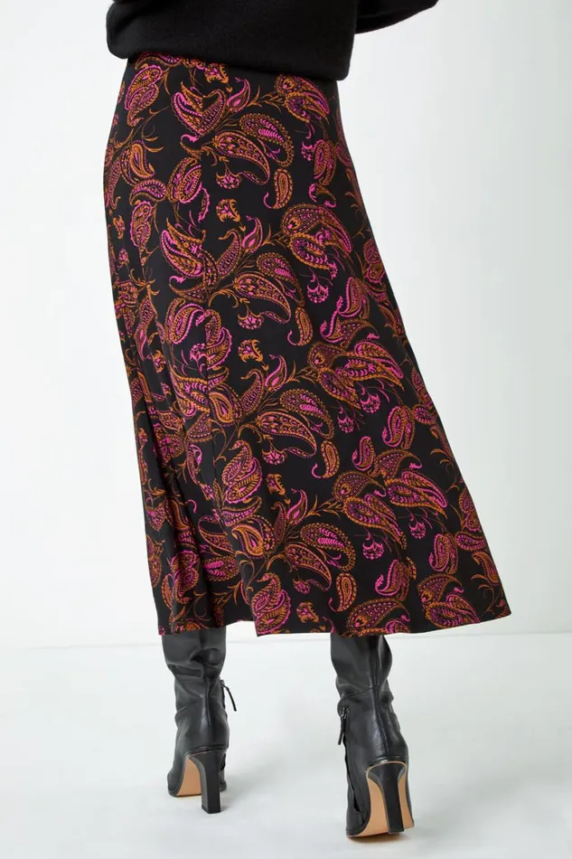 Women Pink Paisley Print Midi Stretch Skirt Roman Skirts
