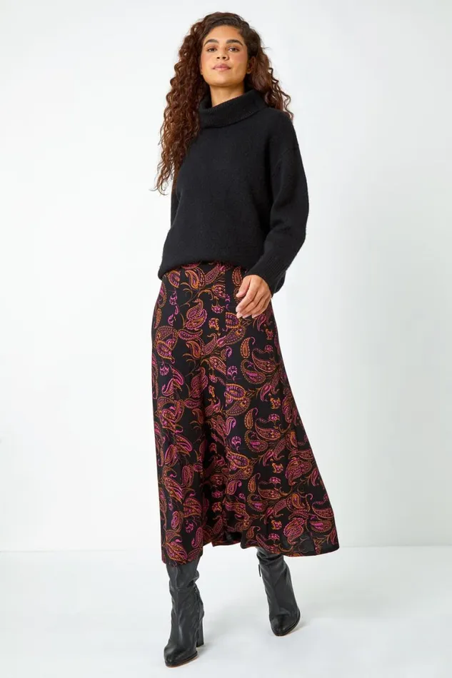 Women Pink Paisley Print Midi Stretch Skirt Roman Skirts