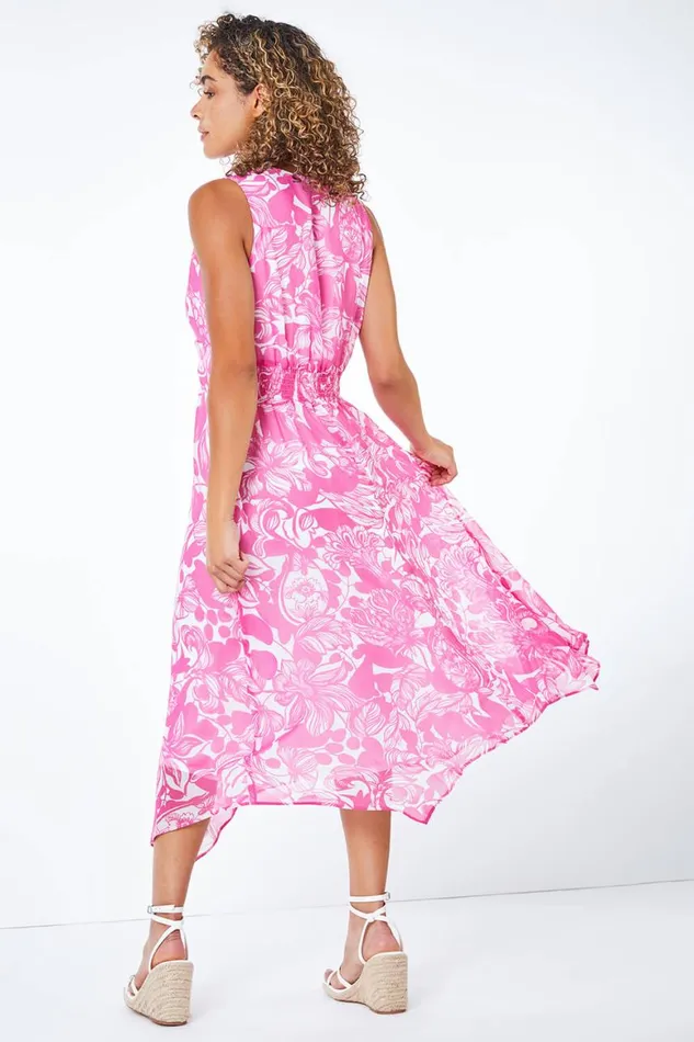 Women Pink Petite Contrast Floral Chiffon Hanky Hem Dress Roman Dresses