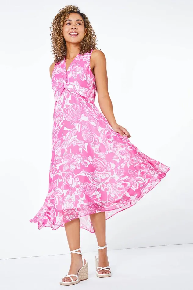 Women Pink Petite Contrast Floral Chiffon Hanky Hem Dress Roman Dresses