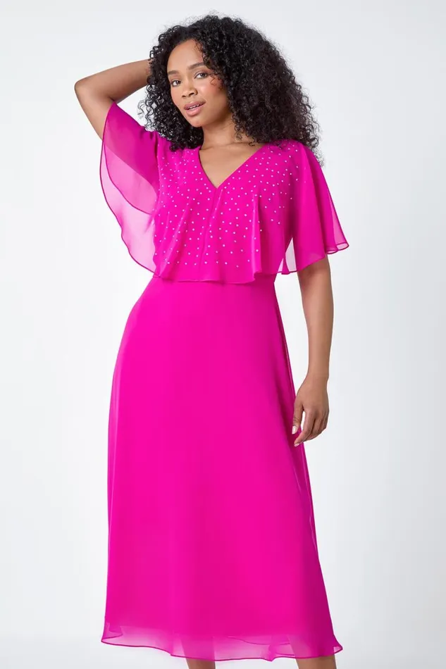 Women Pink Petite Embellished Chiffon Midi Cape Dress Roman Dresses